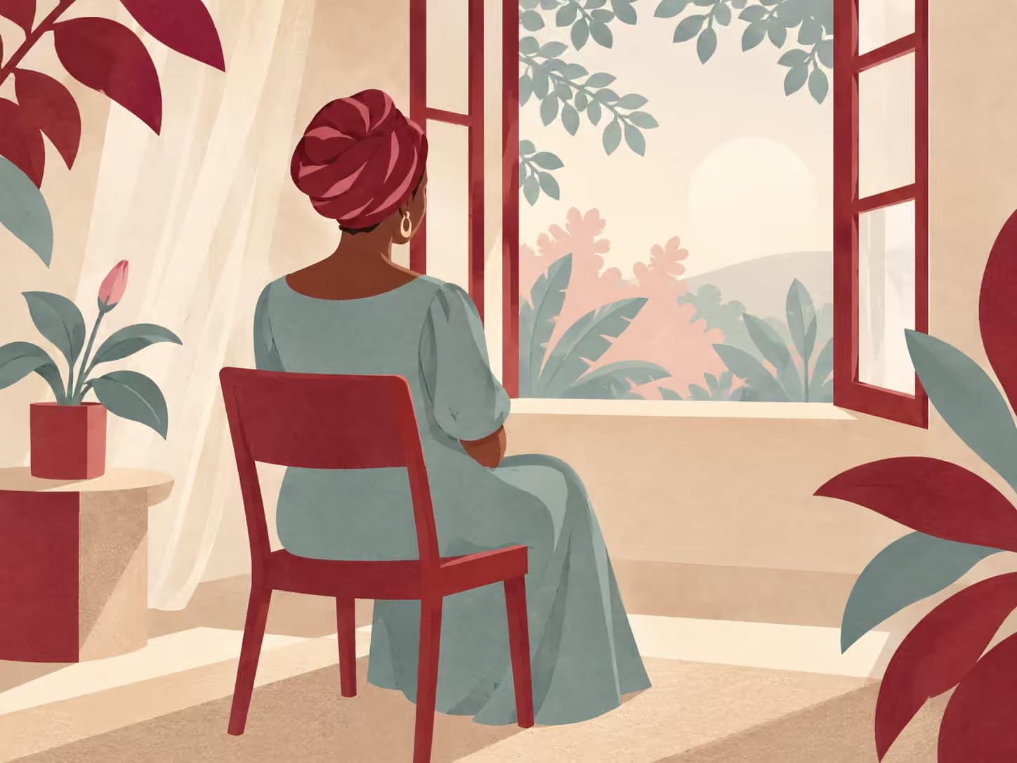 Illustration éditoriale, vue de dos, d’une femme adulte ouest-africaine assise près d’une fenêtre ouverte dans une pièce lumineuse. Un bourgeon en pot et des plantes sont visibles; aucun texte n’est intégré à l’image. Couverture candidate, sans indication d’une cause ou d’un résultat.