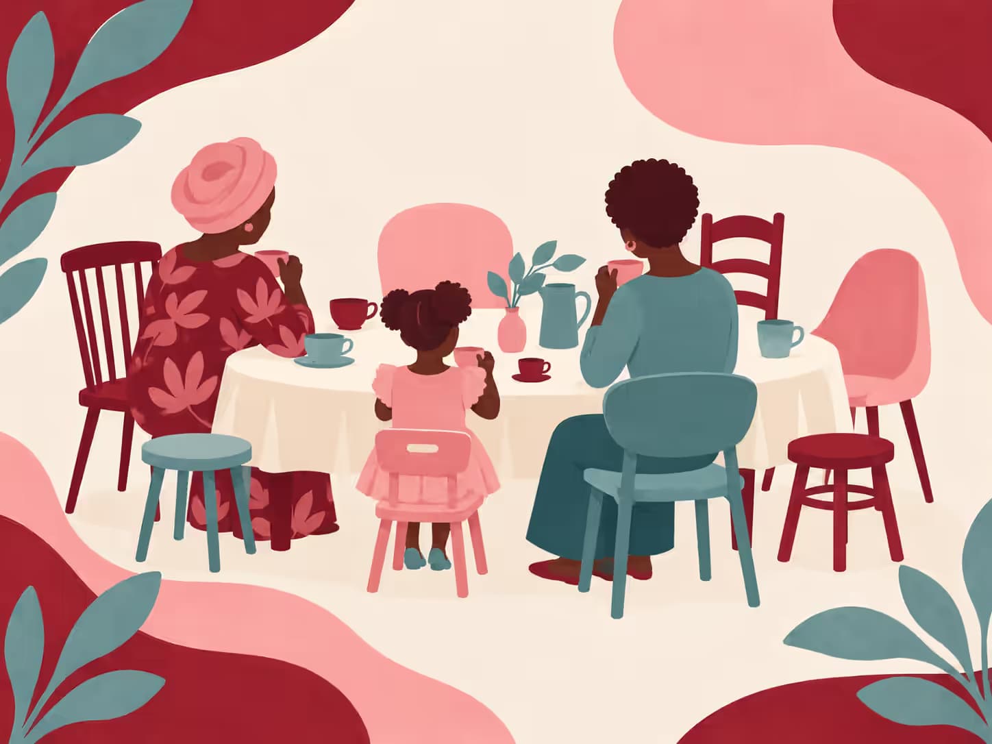 Trois générations attablées autour d'une longue table, un jeune enfant sur une petite chaise.