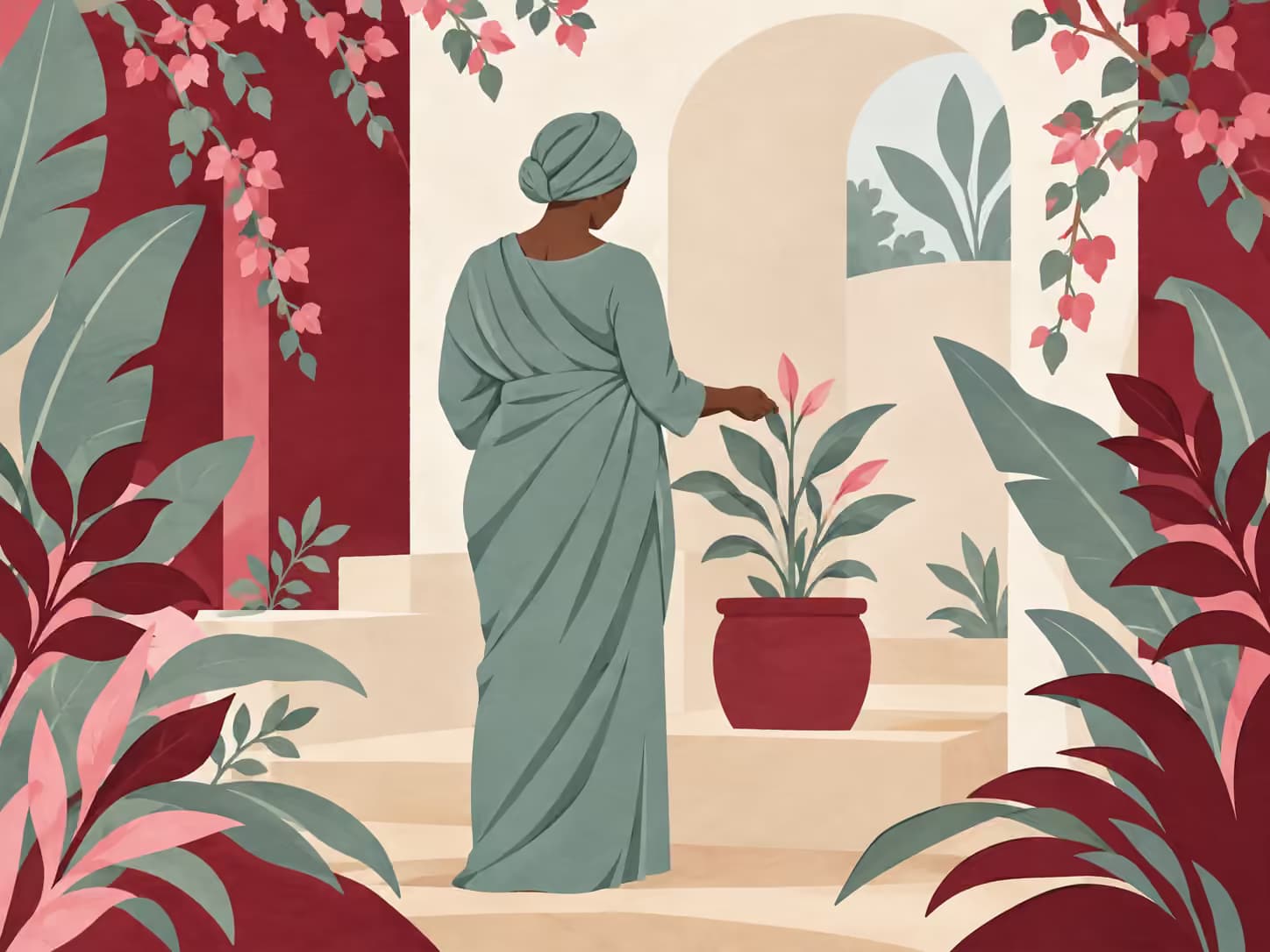 Une femme ouest-africaine vue de dos prend soin d’une jeune plante dans une cour lumineuse, symbole de reconstruction personnelle. Titre : Après lui, je ne sais plus qui je suis.