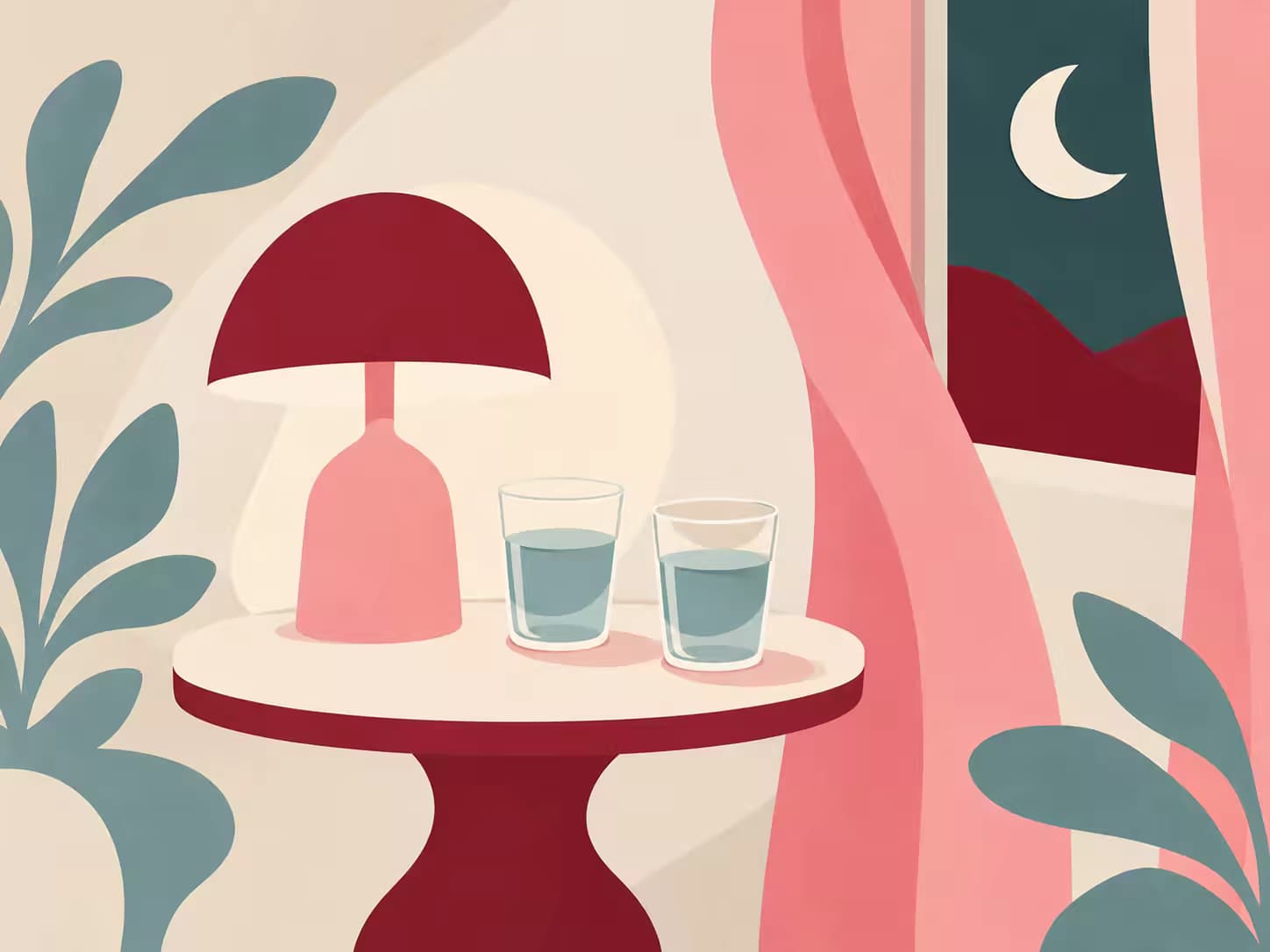 Une table de chevet, une lampe à lumière douce, deux verres d'eau, un rideau qui laisse passer la lune.