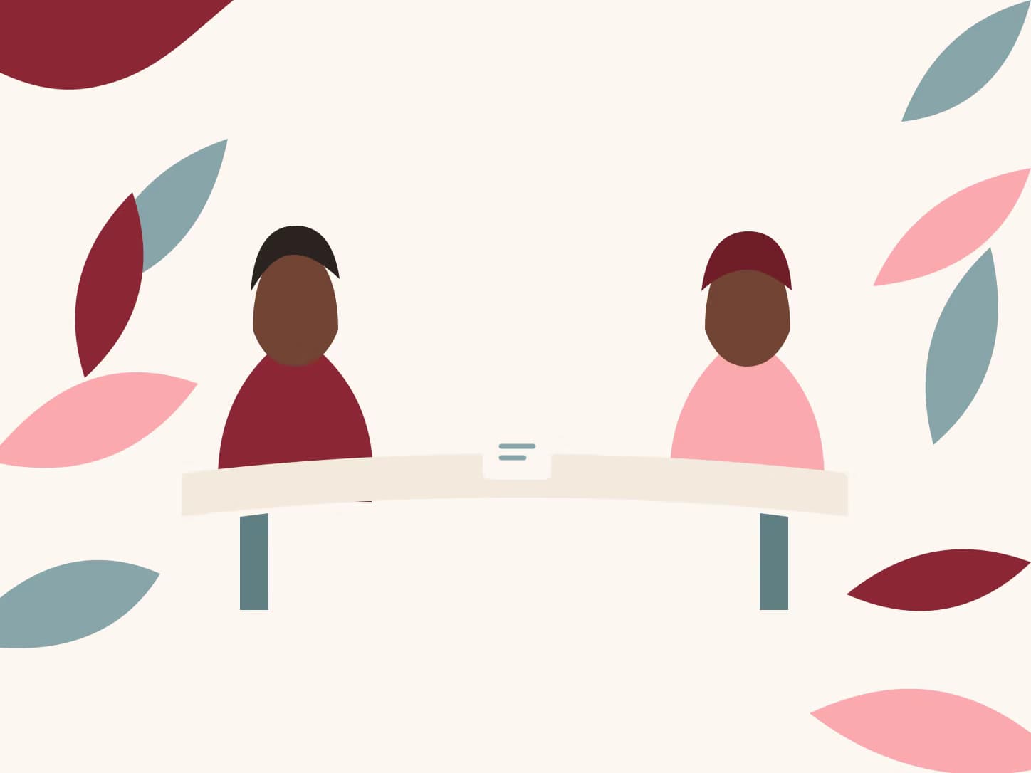 Deux silhouettes adultes sans traits de visage sont assises de part et d’autre d’une table; des formes végétales organiques encadrent cette scène de conversation calme.