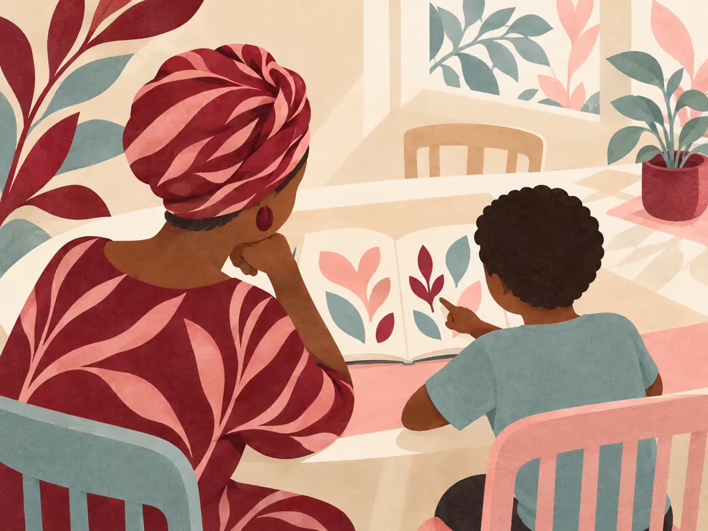 Un parent écoute un enfant à une table en regardant avec lui un livre ouvert rempli de feuilles abstraites sans texte. Titre : Comment parler de tout ça à mon enfant ?