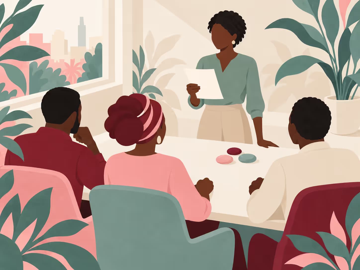 Une femme debout au bout d'une table de réunion, une feuille vierge à la main, face à trois collègues assis ; trois pierres plates sur la table.