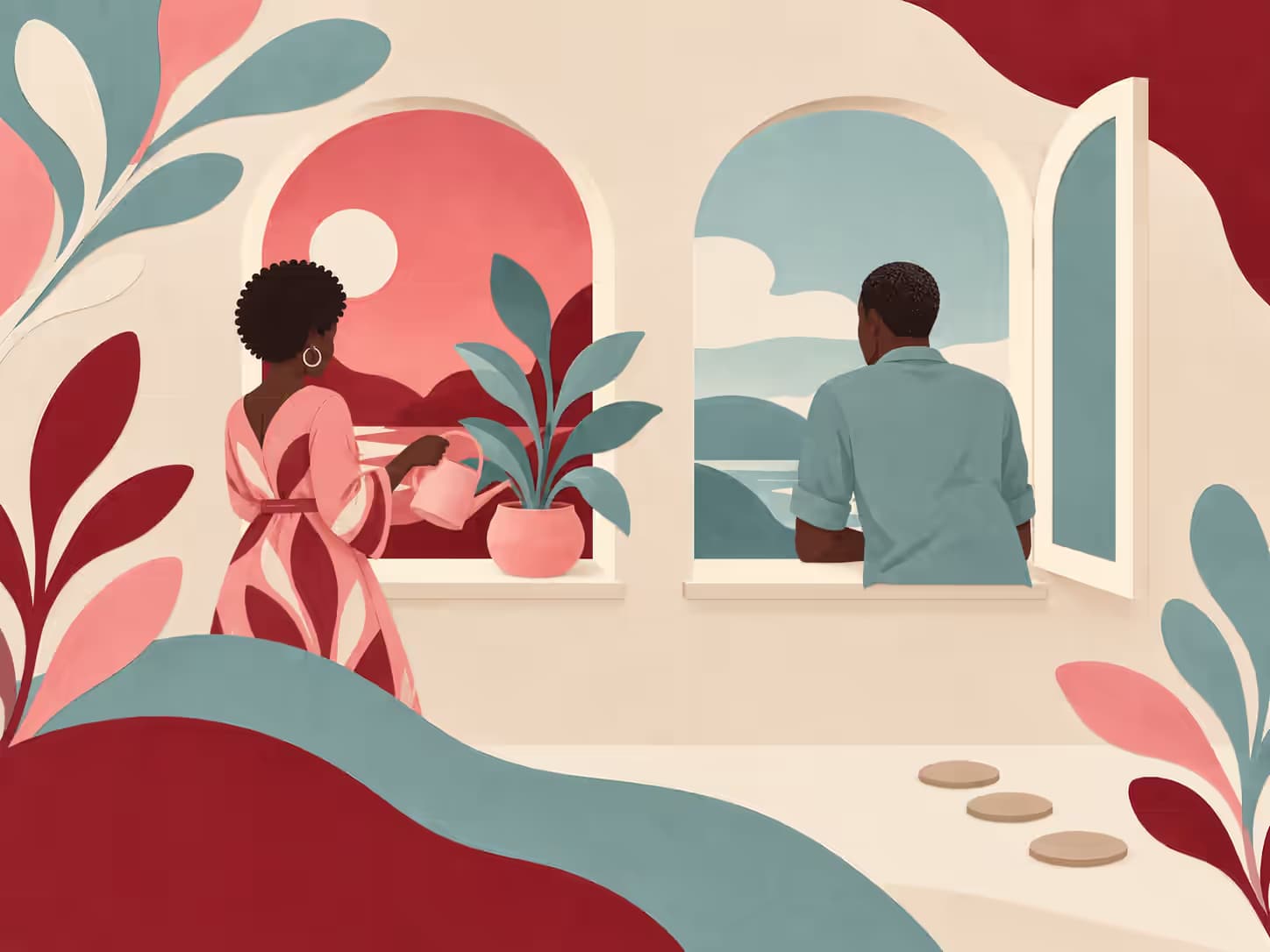 Une femme arrose sa plante à une fenêtre et un homme regarde par la fenêtre voisine, sous deux ciels différents.
