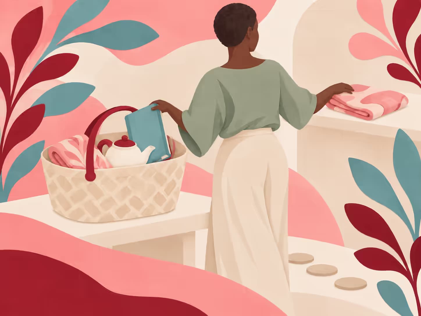 Une personne près d'un panier de marché garde un objet à la main et en pose un autre sur une étagère.