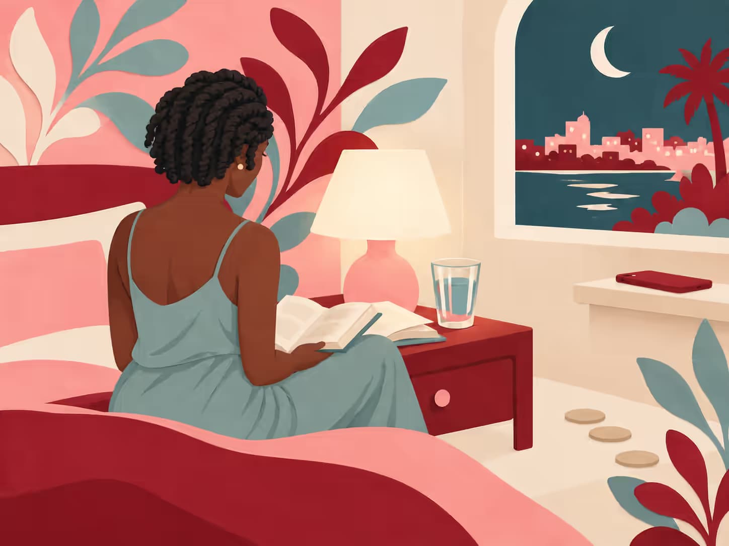 Une femme assise au bord du lit lit un livre, une lampe et un verre d'eau sur la table de nuit ; le téléphone est posé sur une étagère à l'autre bout de la pièce.