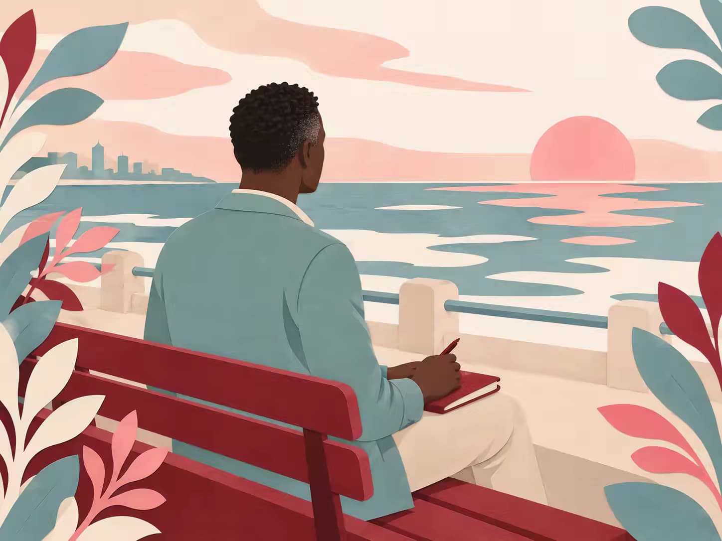 Un homme assis sur un banc face à la mer au coucher du soleil, un carnet fermé sur les genoux.