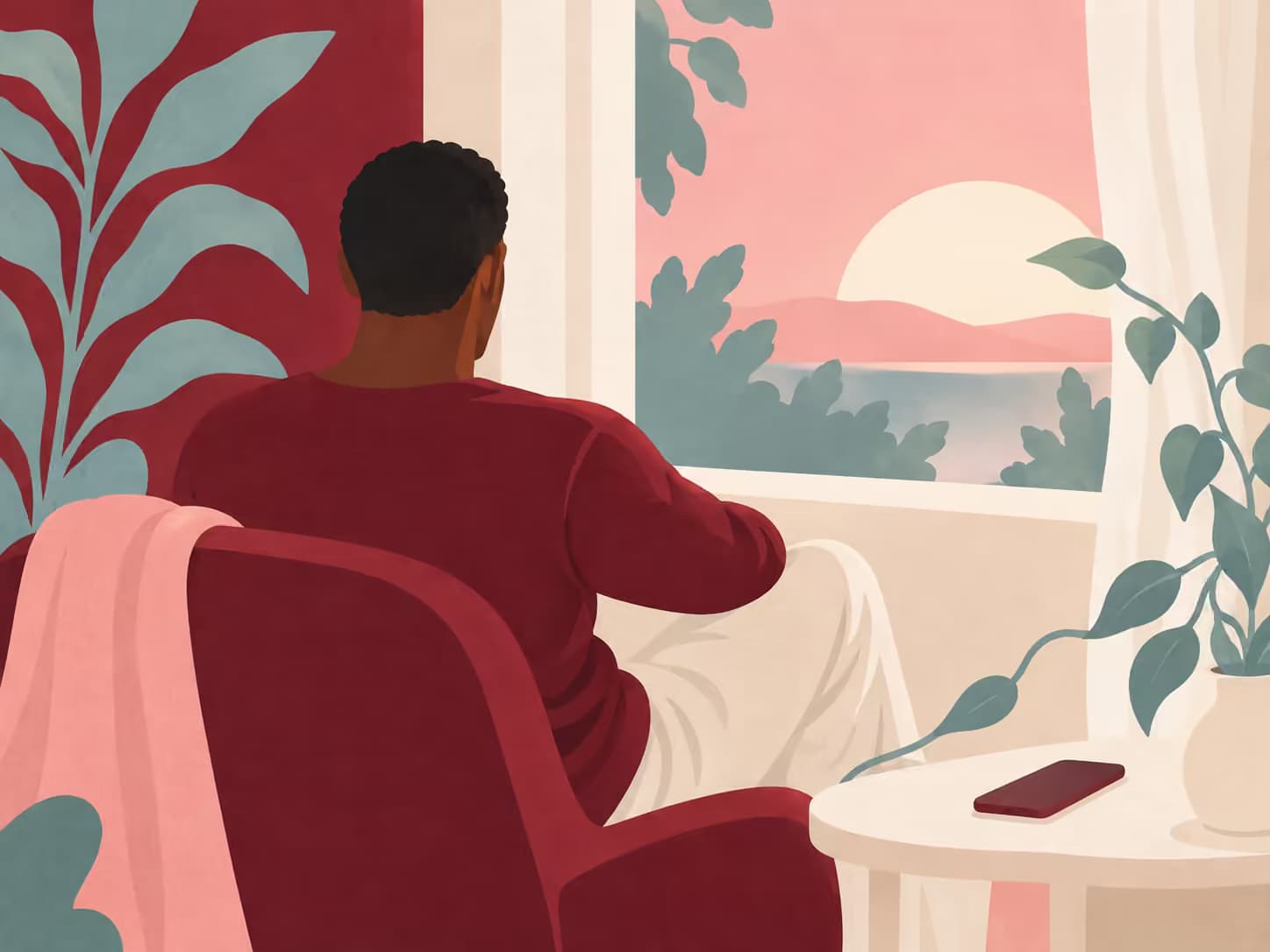 Un homme ouest-africain vu de dos dans un intérieur calme, un téléphone posé face cachée près d’une plante, évoque une prise de recul sans jugement. Titre : J’ai un problème avec la pornographie.