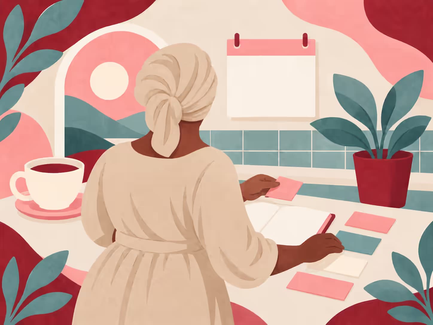 Une femme debout à un plan de travail de cuisine, un carnet ouvert et de petits papiers colorés devant elle.