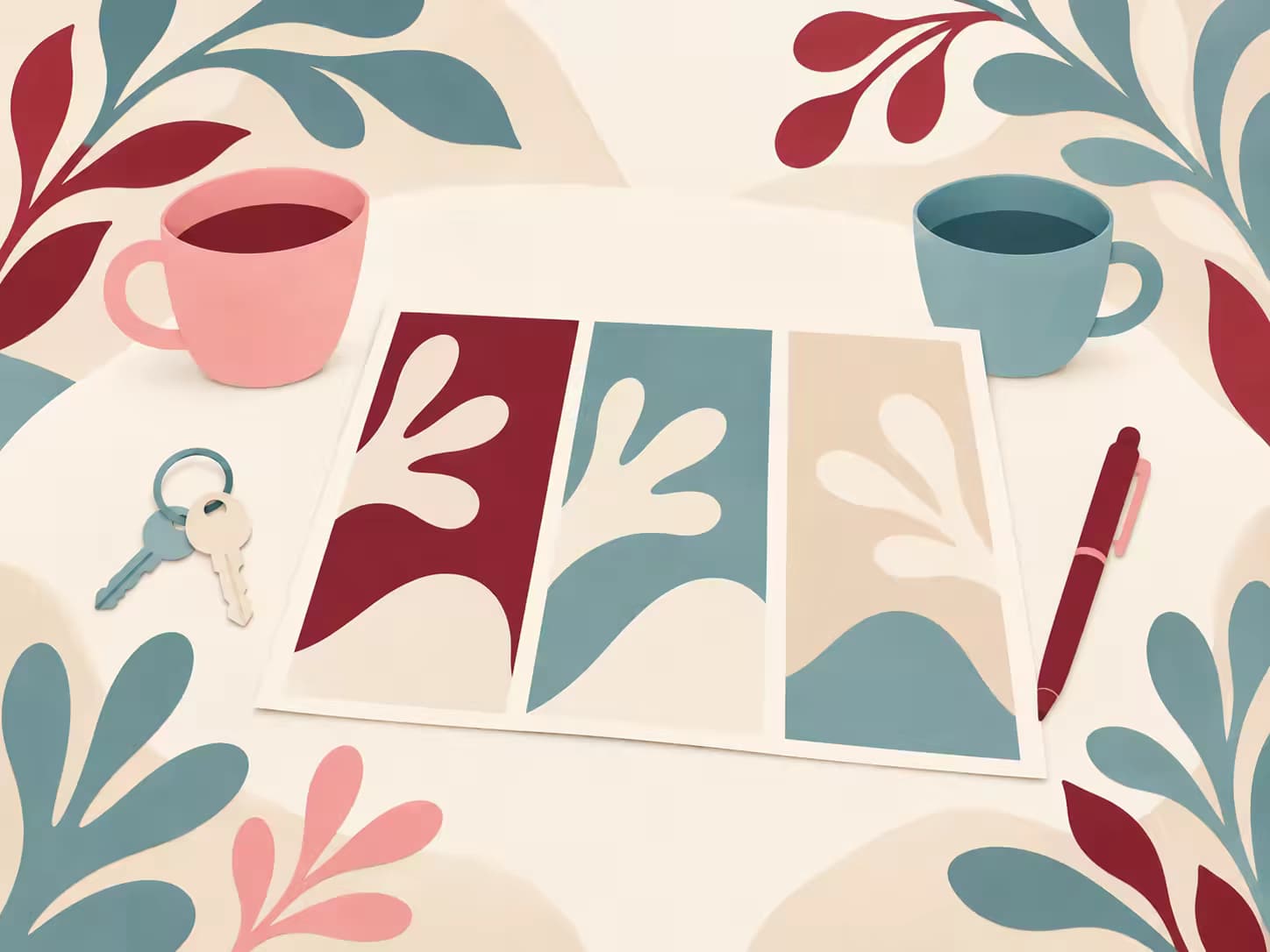 Une feuille en trois colonnes de couleurs posée sur une table, deux tasses, un stylo et un trousseau de clés.