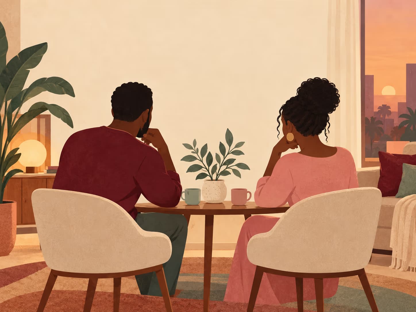 Deux adultes vus de dos autour d'une table, dans un salon au crépuscule.