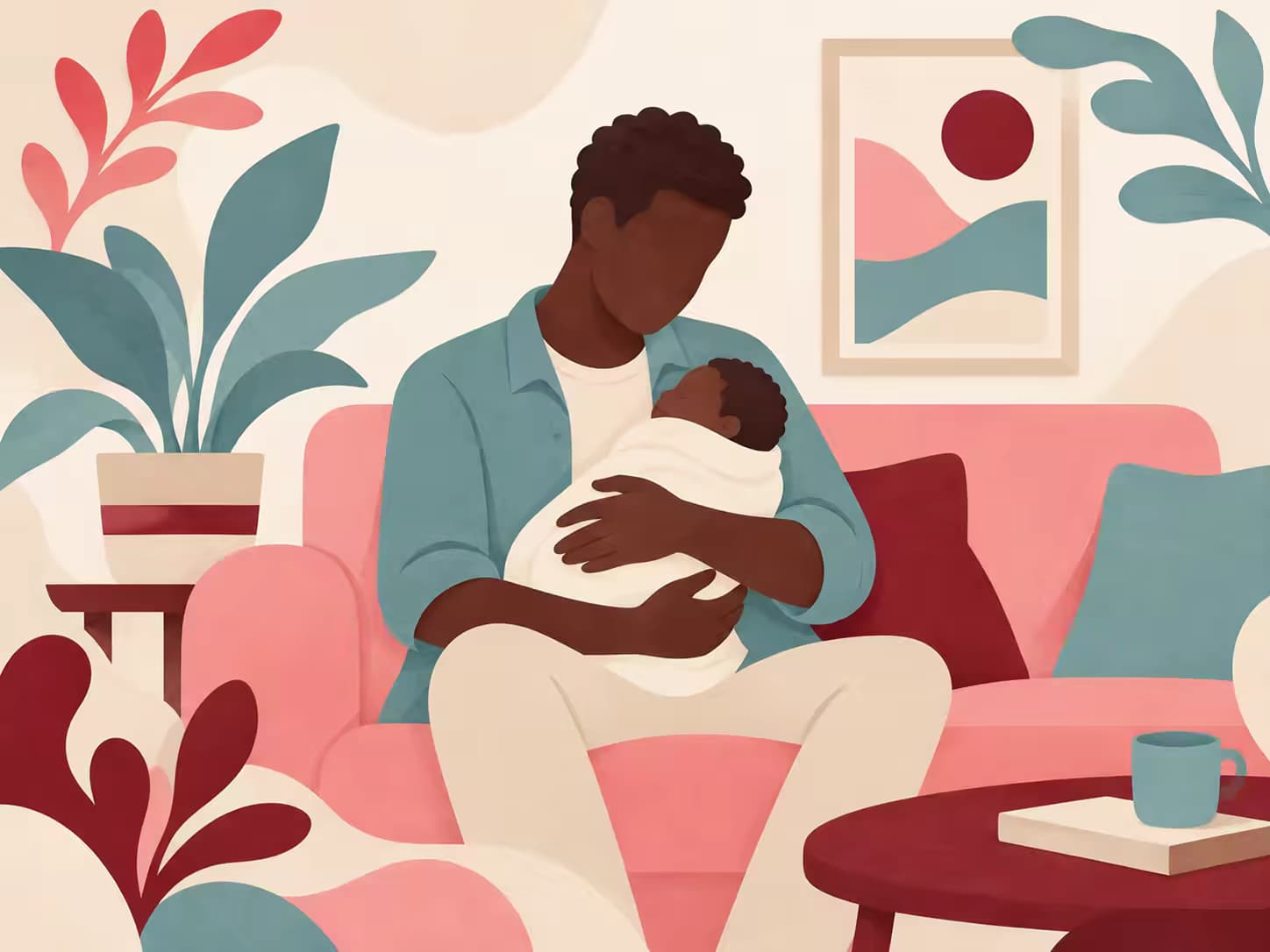 Un père seul dans un salon, tenant son nouveau-né dans les bras.