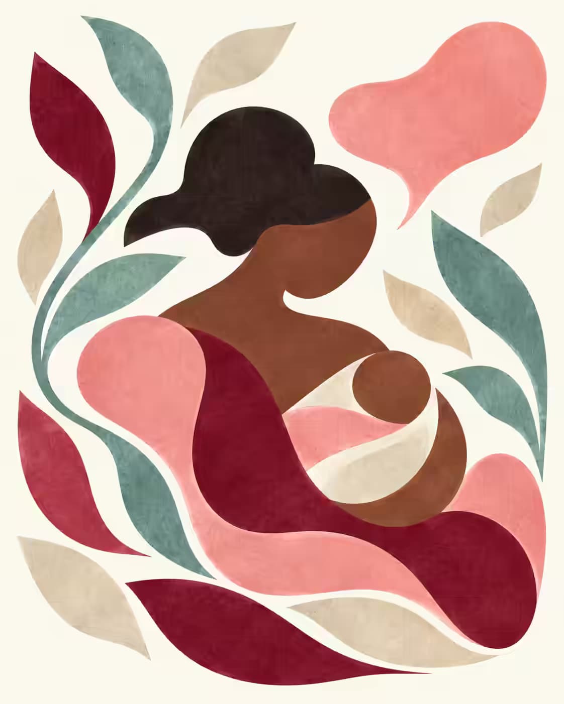 Une silhouette adulte sans traits de visage tient un nouveau-né emmailloté; des formes végétales organiques bordeaux, corail, sauge et sable encadrent la scène.