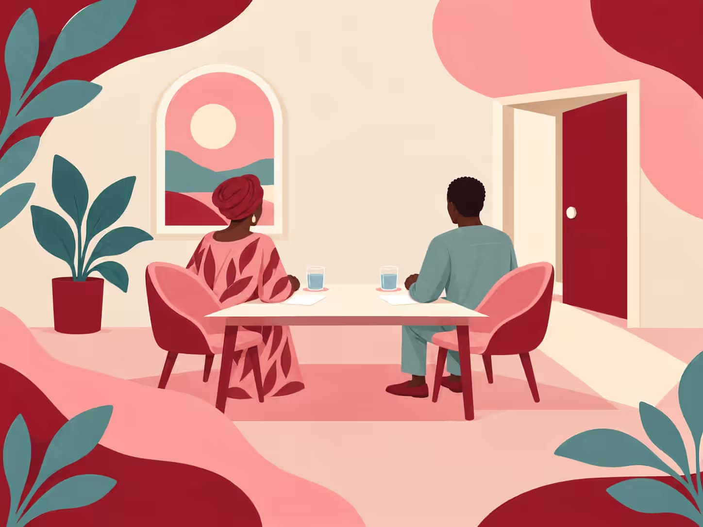Deux personnes face à face à une table de bureau, une porte entrouverte derrière elles.