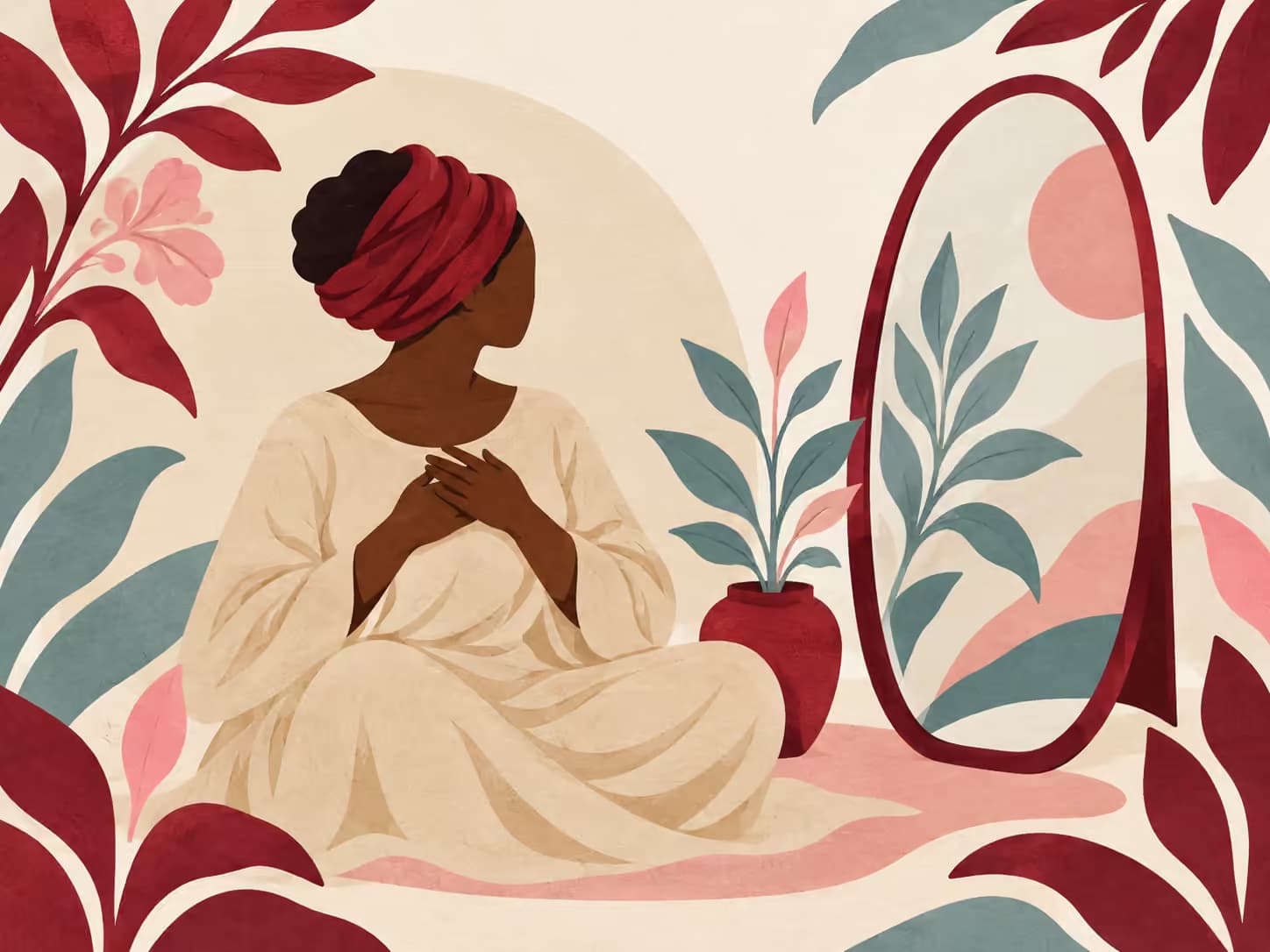 Une femme adulte noire, vêtue d’un haut à manches longues, se tient dans une lumière douce, une main posée près de son épaule; des feuilles apparaissent en arrière-plan.