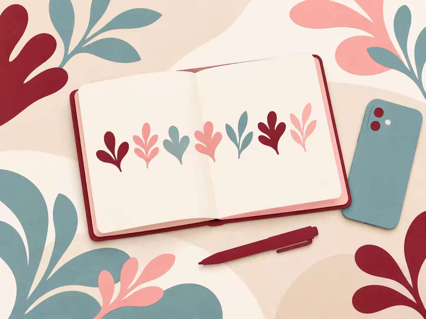 Un carnet ouvert sur une table, sept petites feuilles alignées sur la page, un stylo et un téléphone retourné.