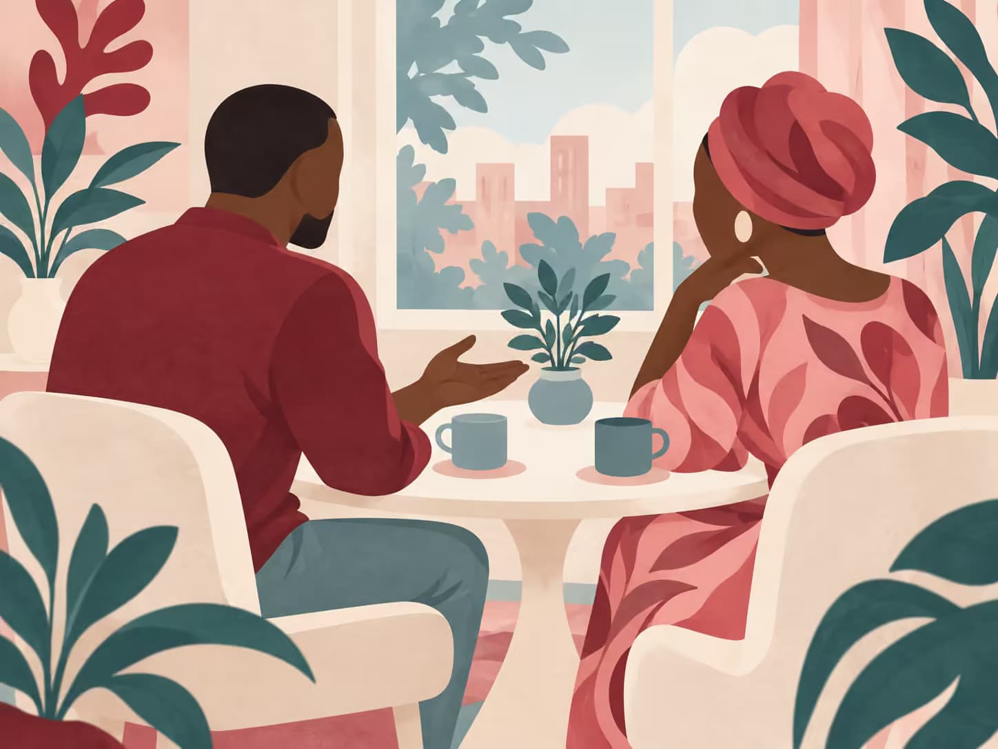 Deux adultes ouest-africains assis autour d’une table se tournent l’un vers l’autre dans une conversation attentive, une plante entre eux. Titre : On s’aime, mais on ne se parle plus.