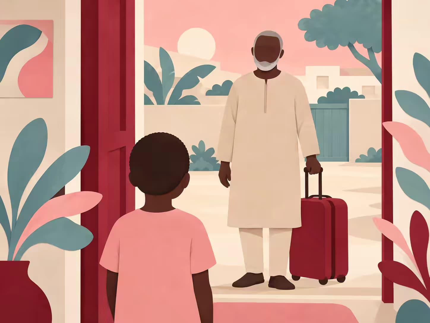 Un homme plus âgé sur le seuil d'une maison, une valise à ses pieds, un enfant vu de dos à l'intérieur.