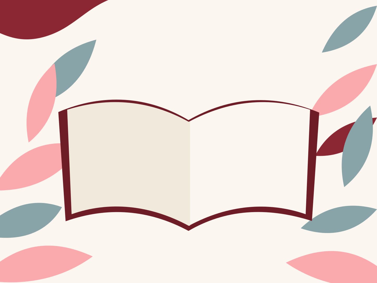 Illustration éditoriale flat organique : un livre ouvert aux pages vierges, entouré de formes végétales découpées dans la palette Thérapies Intimes. Aucun visage, personnage ni texte.